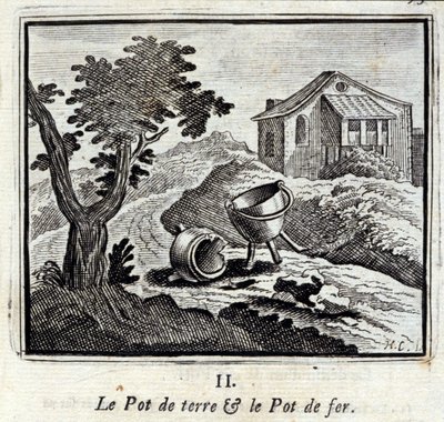 Garnek na ziemię i żelazny garnek. Bajki Jean de La Fontaine (1621-95). Ilustracja François Chauveau (1613-1676). Wydanie z 1728 r. autorstwa Francois Chauveau