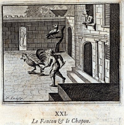 Sokół i kapon. Bajki Jean de La Fontaine (1621-95). Ilustracja autorstwa François Chauveau (1613-1676). Wydanie z 1728 r. autorstwa Francois Chauveau
