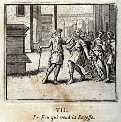 Fou, który sprzedaje mądrość. Bajki Jean de La Fontaine (1621-95). Ilustracja Francois Chauveau (1613-1676). Wydanie z 1728 r. autorstwa Francois Chauveau