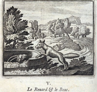 The Fox and the Bouc.Fables Jean de La Fontaine (1621-95). Ilustracja François Chauveau (1613-1676). Wydanie z 1728 r. autorstwa Francois Chauveau