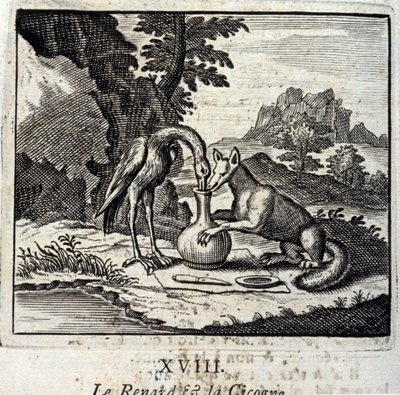 Lis i bocian. Bajki Jean de La Fontaine (1621-95). Ilustracja Francois Chauveau (1613-1676). Wydanie z 1728 r. autorstwa Francois Chauveau