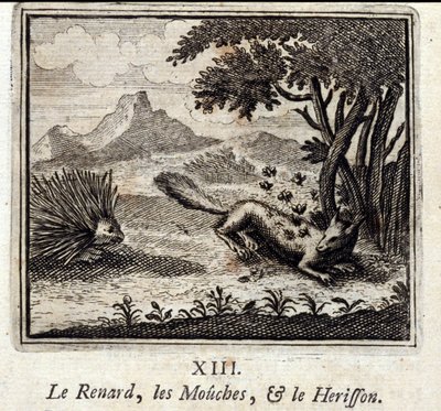 Lis, muchy i Herisson. Bajki Jean de La Fontaine (1621-95). Ilustracja François Chauveau (1613-1676). Wydanie z 1728 r. autorstwa Francois Chauveau