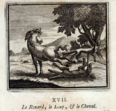 Lis, Wilk i Koń. Bajki Jean de La Fontaine (1621-95). Ilustracja autorstwa François Chauveau (1613-1676). Wydanie z 1728 r. autorstwa Francois Chauveau
