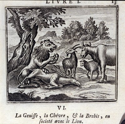 Genisse Gove i Owca w towarzystwie Lwa. Bajki Jean de La Fontaine (1621-95). Ilustracja François Chauveau (1613-1676). Wydanie z 1728 r. autorstwa Francois Chauveau