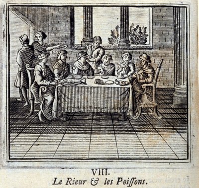 Śmiech i ryby. Bajki Jean de La Fontaine (1621-95). Ilustracja François Chauveau (1613-1676). Wydanie z 1728 r. autorstwa Francois Chauveau