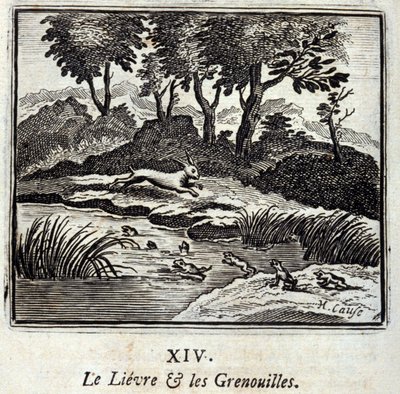 Lievre i żaby. Bajki Jean de La Fontaine (1621-95). Ilustracja François Chauveau (1613-1676). Wydanie z 1728 r. autorstwa Francois Chauveau