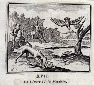 Lievre i Pardrix. Bajki Jeana de La Fontaine (1621-95). Ilustracja François Chauveau (1613-1676). Wydanie z 1728 r. autorstwa Francois Chauveau