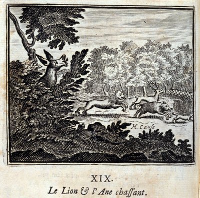 Polowanie na lwa i osła. Bajki Jean de La Fontaine (1621-95). Ilustracja François Chauveau (1613-1676). Wydanie z 1728 r. autorstwa Francois Chauveau