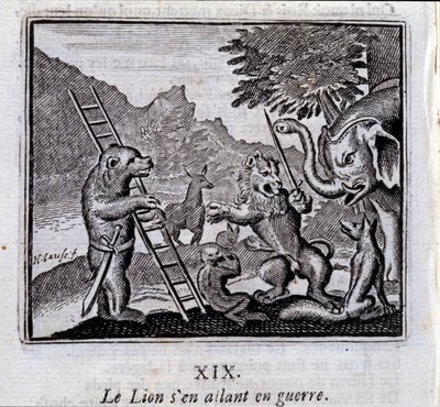 Lew idzie na wojnę. Bajki Jean de La Fontaine (1621-95). Ilustracja Francois Chauveau (1613-1676). Wydanie z 1728 r. autorstwa Francois Chauveau