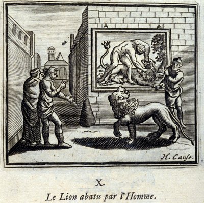 Lew zestrzelony przez człowieka. Bajki Jean de La Fontaine (1621-95). Ilustracja François Chauveau (1613-1676). Wydanie z 1728 r. autorstwa Francois Chauveau