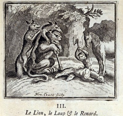 Lew, Wilk i Lis. Bajki Jean de La Fontaine (1621-95). Ilustracja François Chauveau (1613-1676). Wydanie z 1728 r. autorstwa Francois Chauveau