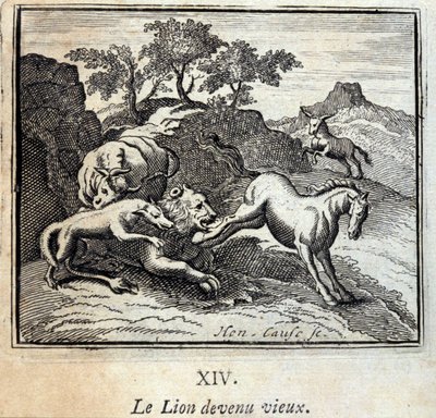 Lew zestarzał się. Bajki Jean de La Fontaine (1621-95). Ilustracja Francois Chauveau (1613-1676). Wydanie z 1728 r. autorstwa Francois Chauveau