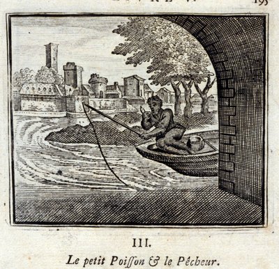 Mała Rybka i Rybak. Bajki Jean de La Fontaine (1621-95). Ilustracja autorstwa François Chauveau (1613-1676). Wydanie z 1728 r. autorstwa Francois Chauveau