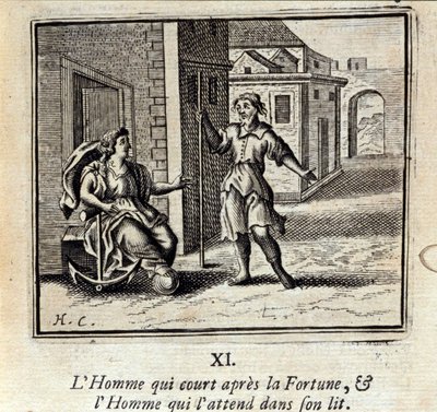 Człowieka, który biegnie za Fortuną i Człowieka, który czeka na niego w łóżku. Bajki Jean de La Fontaine (1621-95). Ilustracja François Chauveau (1613-1676). Wydanie z 1728 r. autorstwa Francois Chauveau