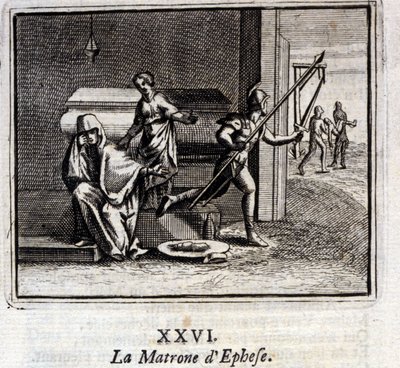 Matrona Efezu. Bajki Jean de La Fontaine (1621-95). Ilustracja Francois Chauveau (1613-1676). Wydanie z 1728 r. autorstwa Francois Chauveau