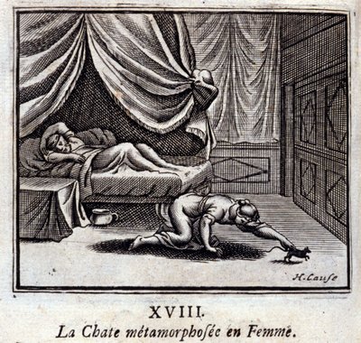Zmieniony kot w kobiecie. Bajki Jean de La Fontaine (1621-95). Ilustracja François Chauveau (1613-1676). Wydanie z 1728 r. autorstwa Francois Chauveau