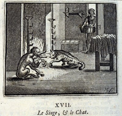 Małpa i kot. Bajki Jean de La Fontaine (1621-95). Ilustracja Francois Chauveau (1613-1676). Wydanie z 1728 r. autorstwa Francois Chauveau