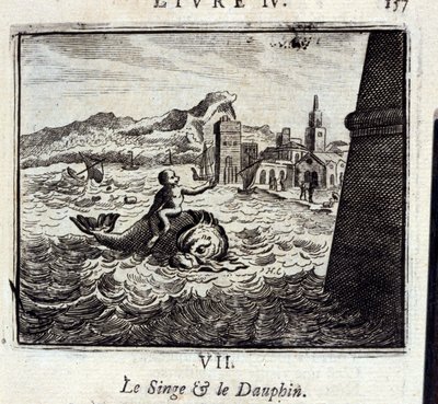 Małpa i delfin. Bajki Jean de La Fontaine (1621-95). Ilustracja Francois Chauveau (1613-1676). Wydanie z 1728 r. autorstwa Francois Chauveau