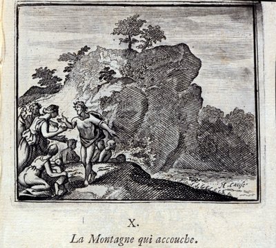 Góra rodząca. Bajki Jean de La Fontaine (1621-95). Ilustracja Francois Chauveau (1613-1676). Wydanie z 1728 r. autorstwa Francois Chauveau