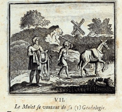 Mullet chwali się swoją genealogią. Bajki Jean de La Fontaine (1621-95). Ilustracja autorstwa François Chauveau (1613-1676). Wydanie z 1728 r. autorstwa Francois Chauveau