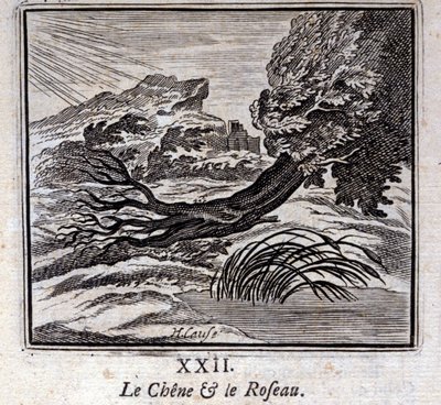 Dąb i trzcina. Bajki Jean de La Fontaine (1621-95). Ilustracja autorstwa François Chauveau (1613-1676). Wydanie z 1728 r. autorstwa Francois Chauveau