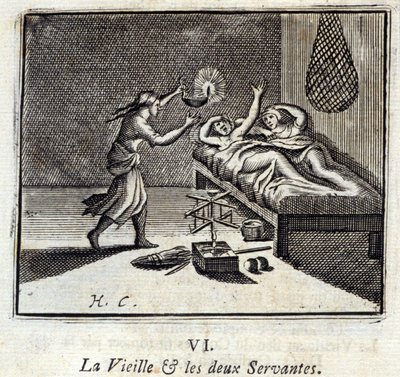 Staruszka i dwie sługi. Bajki Jean de La Fontaine (1621-95). Ilustracja autorstwa François Chauveau (1613-1676). Wydanie z 1728 r. autorstwa Francois Chauveau