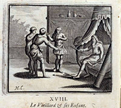 Stary człowiek i jego dzieci. Bajki Jean de La Fontaine (1621-95). Ilustracja François Chauveau (1613-1676). Wydanie z 1728 r. autorstwa Francois Chauveau