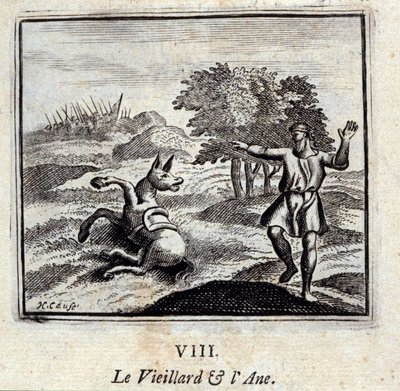 Stary człowiek i osioł. Bajki Jean de La Fontaine (1621-95). Ilustracja François Chauveau (1613-1676). Wydanie z 1728 r. autorstwa Francois Chauveau