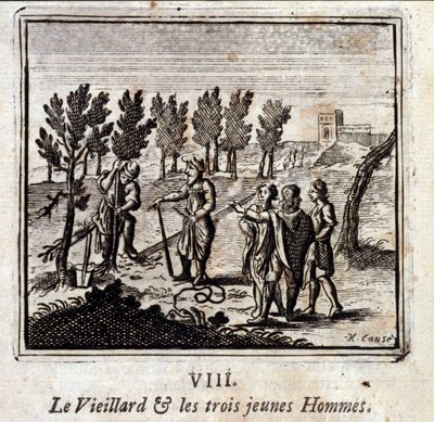 Stary człowiek i trzej młodzi mężczyźni. Bajki Jean de La Fontaine (1621-95). Ilustracja François Chauveau (1613-1676). Wydanie z 1728 r. autorstwa Francois Chauveau