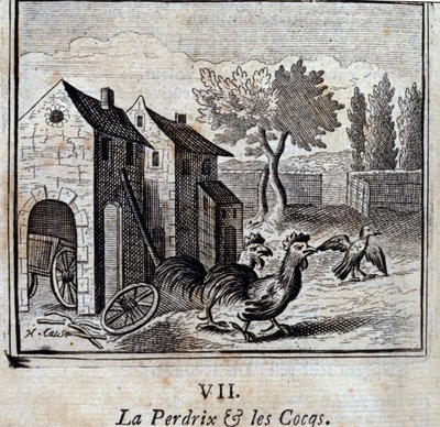 Kuropatwa i koguty. Bajki Jean de La Fontaine (1621-95). Ilustracja François Chauveau (1613-1676). Wydanie z 1728 r. autorstwa Francois Chauveau