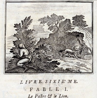 Patra i lew. Bajki Jean de La Fontaine (1621-95). Ilustracja François Chauveau (1613-1676). Wydanie z 1728 r. autorstwa Francois Chauveau