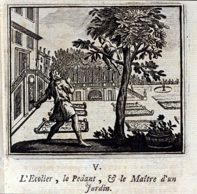 Szkoła Pedantów i Mistrz Ogrodu. Bajki Jean de La Fontaine (1621-95). Ilustracja François Chauveau (1613-1676). Wydanie z 1728 r. autorstwa Francois Chauveau
