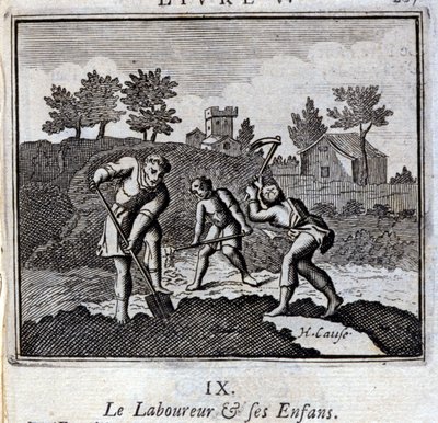 Ploureur i jego dzieci. Bajki Jean de La Fontaine (1621-95). Ilustracja Francois Chauveau (1613-1676). Wydanie z 1728 r. autorstwa Francois Chauveau