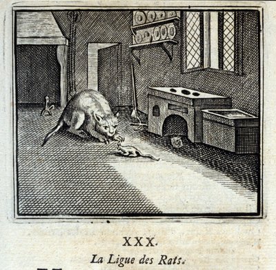 Liga Szczurów. Bajki Jean de La Fontaine (1621-95). Ilustracja François Chauveau (1613-1676). Wydanie z 1728 r. autorstwa Francois Chauveau
