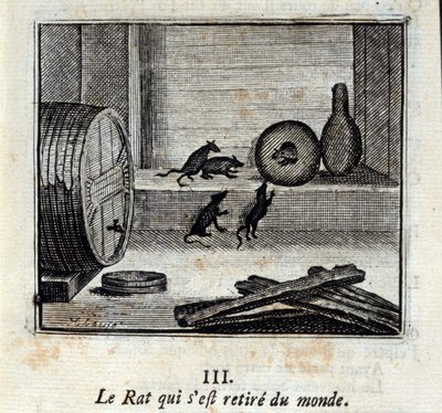 Szczur, który wycofał się ze świata. Bajki Jean de La Fontaine (1621-95). Ilustracja autorstwa François Chauveau (1613-1676). Wydanie z 1728 r. autorstwa Francois Chauveau