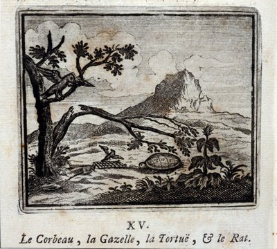 Kruk, Gazela, Żółw i Szczur. Bajki Jean de La Fontaine (1621-95). Ilustracja François Chauveau (1613-1676). Wydanie z 1728 r. autorstwa Francois Chauveau