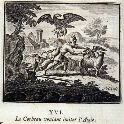 Kruk chcący naśladować Orła. Bajki Jean de La Fontaine (1621-95). Ilustracja François Chauveau (1613-1676). Wydanie z 1728 r. autorstwa Francois Chauveau