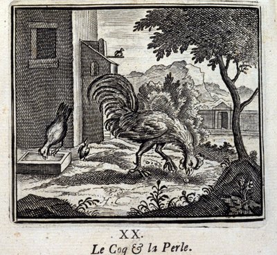 Kogut i perła. Bajki Jean de La Fontaine (1621-95). Ilustracja François Chauveau (1613-1676). Wydanie z 1728 r. autorstwa Francois Chauveau
