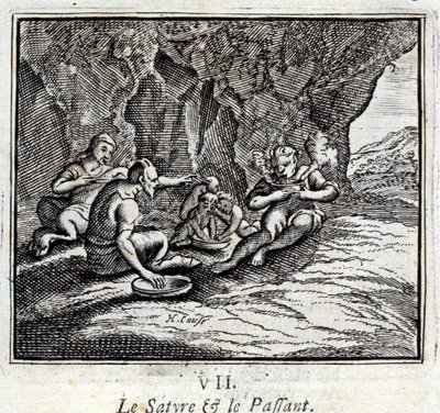 Satyr i pasażer. Bajki Jean de La Fontaine (1621-95). Ilustracja François Chauveau (1613-1676). Wydanie z 1728 r. autorstwa Francois Chauveau