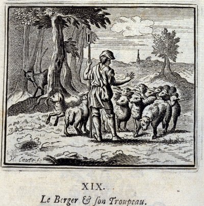 Pasterz i jego stado. Bajki Jean de La Fontaine (1621-95). Ilustracja François Chauveau (1613-1676). Wydanie z 1728 r. autorstwa Francois Chauveau