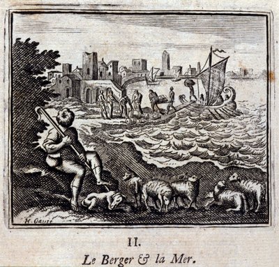 Pasterz i morze. Bajki Jean de La Fontaine (1621-95). Ilustracja autorstwa François Chauveau (1613-1676). Wydanie z 1728 r. autorstwa Francois Chauveau