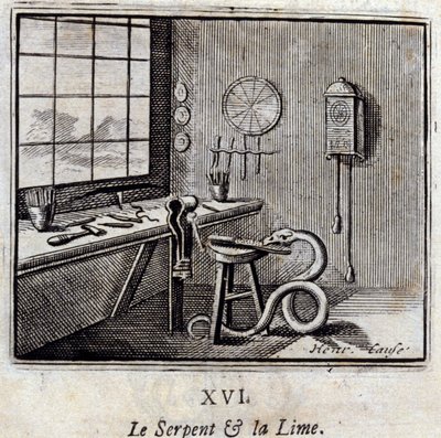 Wąż i wapno. Bajki Jean de La Fontaine (1621-95). Ilustracja Francois Chauveau (1613-1676). Wydanie z 1728 r. autorstwa Francois Chauveau
