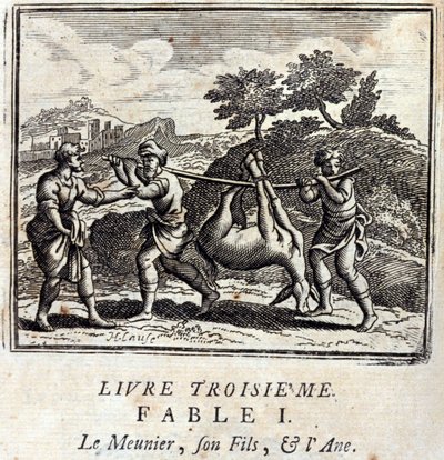 Sucker, jego syn i Osioł. Bajki Jean de La Fontaine (1621-95). Ilustracja François Chauveau (1613-1676). Wydanie z 1728 r. autorstwa Francois Chauveau