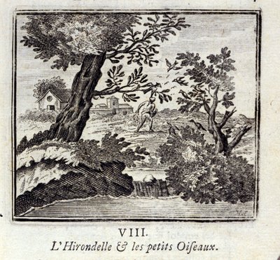 Jaskółka i małe ptaszki. Bajki Jean de La Fontaine (1621-95). Ilustracja François Chauveau (1613-1676). Wydanie z 1728 r. autorstwa Francois Chauveau