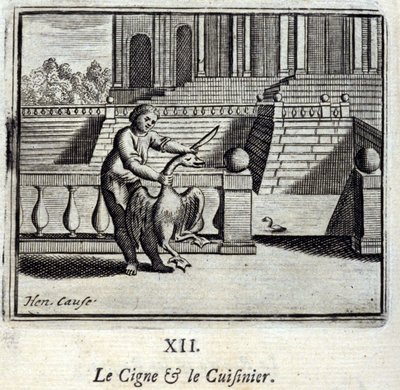 Łabędź i kucharz. Bajki Jean de La Fontaine (1621-95). Ilustracja Francois Chauveau (1613-1676). Wydanie z 1728 r. autorstwa Francois Chauveau