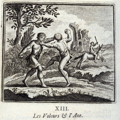 The Thieves and the Ane.Fables Jean de La Fontaine (1621-95). Ilustracja Francois Chauveau (1613-1676). Wydanie z 1728 r. autorstwa Francois Chauveau