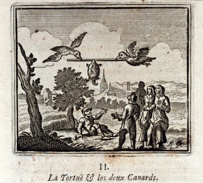 Żółw i dwie kaczki. Bajki Jean de La Fontaine (1621-95). Ilustracja François Chauveau (1613-1676). Wydanie z 1728 r. autorstwa Francois Chauveau