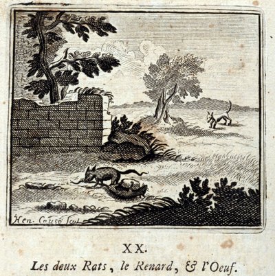 Dwa szczury, lis i jajko. Bajki Jean de La Fontaine (1621-95). Ilustracja François Chauveau (1613-1676). Wydanie z 1728 r. autorstwa Francois Chauveau