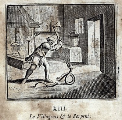 Wieśniak i wąż. Bajki Jean de La Fontaine (1621-95). Ilustracja François Chauveau (1613-1676). Wydanie z 1728 r. autorstwa Francois Chauveau