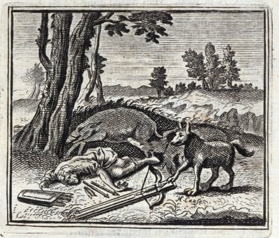 Wilk i Łowca. Bajki Jean de La Fontaine (1621-95). Ilustracja Francois Chauveau (1613-1676). Wydanie z 1728 r. autorstwa Francois Chauveau